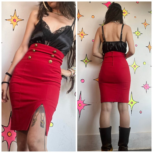 Y2K Red Pencil Skirt | Stretch Sailor Pin Up Secretary Office Siren Midi S