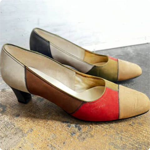 Vintage Colorblock Patchwork Suede Low Heel Pumps - 60s 70s Style Shoes - Size 8