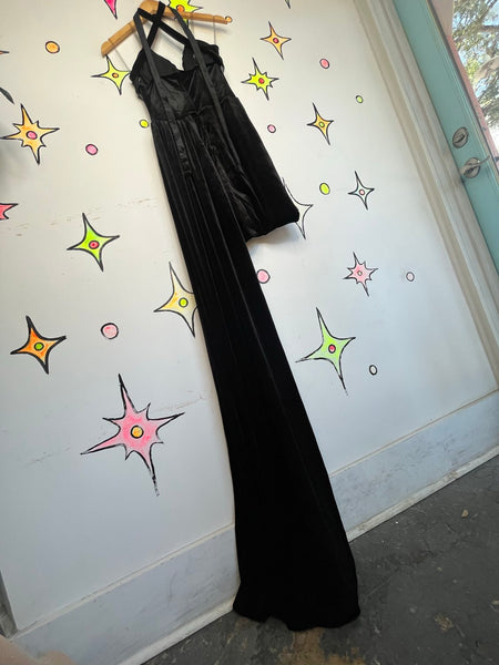 Black Velvet Beaded Gown Sheer Cutout Gothic Formal Dress with Train Size M