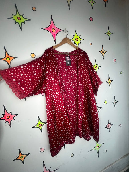 Vintage 90s Y2K Silky Red Hearts Satin Robe Fairy Grunge XL+
