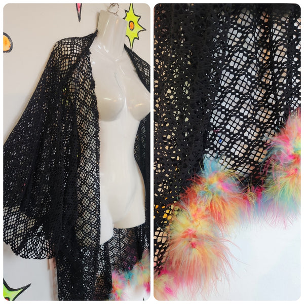 Y2K Rainbow Feather Trim Kimono Rave Cyber Grunge Japanese Streetwear