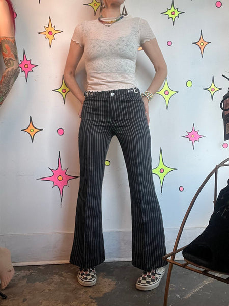 Y2K Pinstripe Mall Goth Pants Low Rise Buckle Punk Grunge Trousers S/M