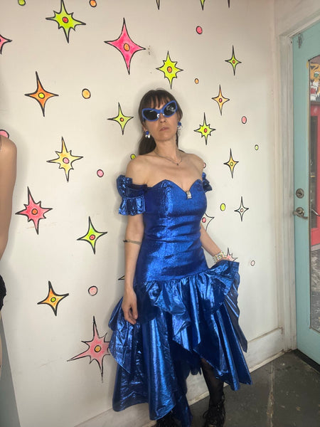 Vintage 80s Blue Metallic Party Dress Glam Poofy Prom New Wave Gown M