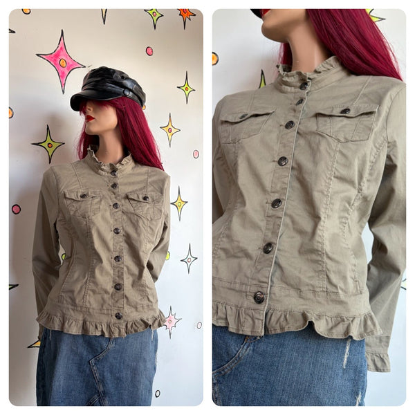 Y2K Khaki Military Jacket Soft Grunge Ruffled Utility Blazer Fairy Grunge XL