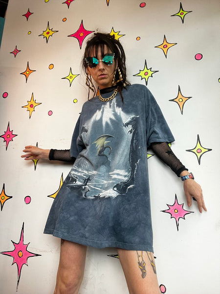 Mountain Dragon T-Shirt Dress Fantasy Graphic Tee Oversized Dragon Nightgown