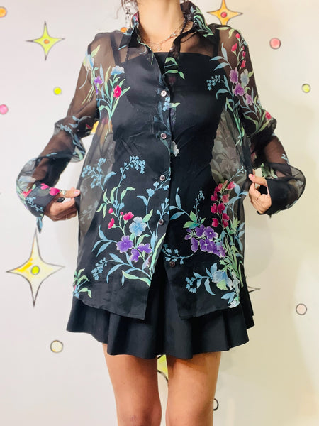 Vintage 90s Sheer Black Floral Long Sleeve Blouse | Whimsy Goth Fairy Grunge | M