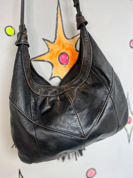 Vintage Black Leather Fringe Crossbody Bag Grunge Rock n Roll Boho Concho Purse