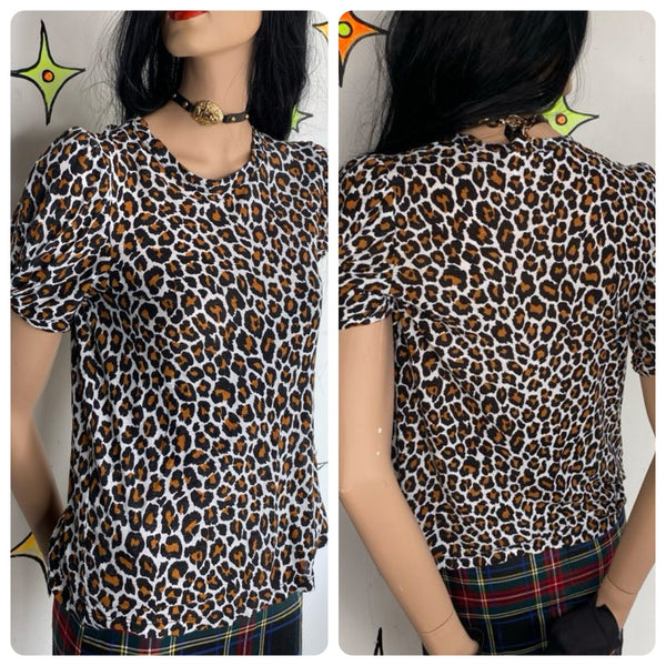 Y2K Leopard Puff Sleeve Tee Grunge Glam Rocker Grunge Top - Small