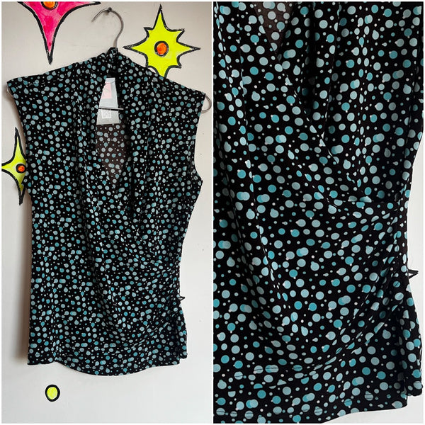 Vintage Y2K 2000s | Brown Blue Polka Dot Mock Wrap Fairy Grunge Top Blouse | M L