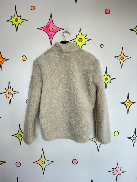 Vintage Off White Sherpa Jacket Cozy Fleece Zip Front Belted Grunge Jacket L