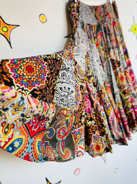 90s Y2K Rainbow Cotton Paisley Patchwork Fairy Boho Grunge Tiered Maxi Skirt | M