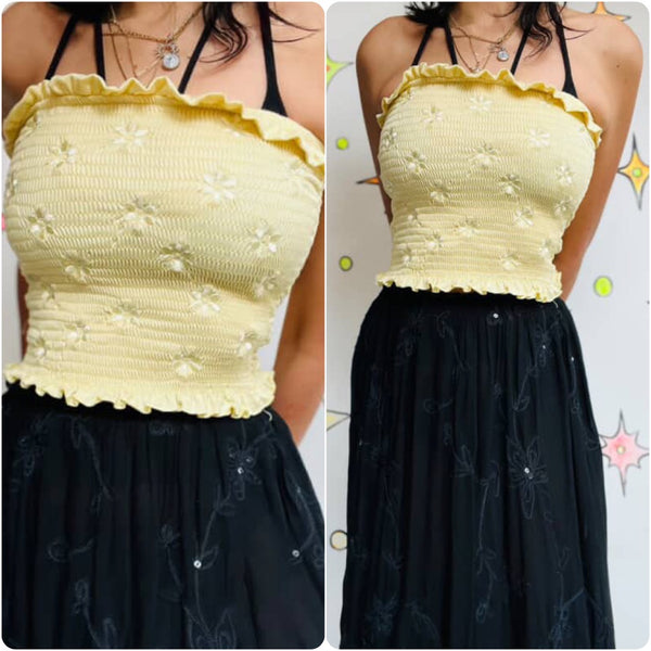 Vintage 90s does 70s Yellow Flower Power Stretchy Tube Top Emo Fairy Grunge | M