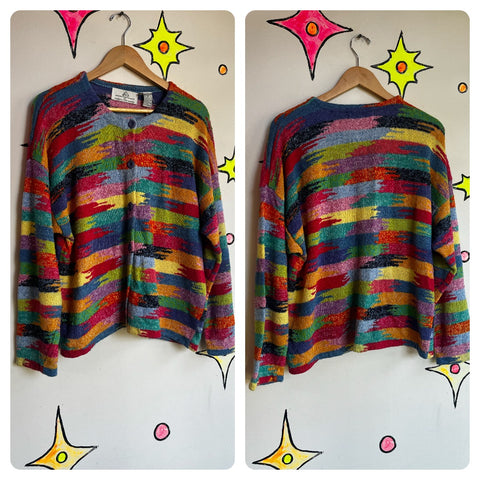 Vintage 90s Y2K | Rainbow Oversized Chunky Cottage Core Cardigan Sweater | L