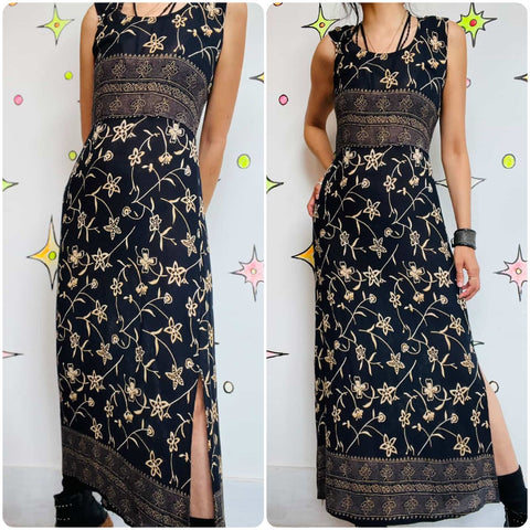 Vintage 90s Black Witchy Boho Gauzy Fairy Grunge Maxi Dress w Side Slit – Size S