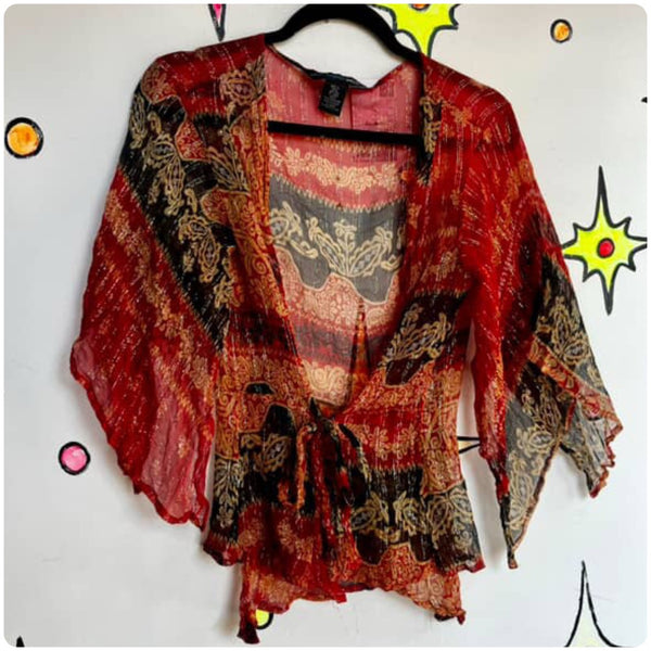 Vintage 90s Y2K Red Sheer Boho Goth Wrap Top - Pirate Gypsy Fairy Grunge - XL