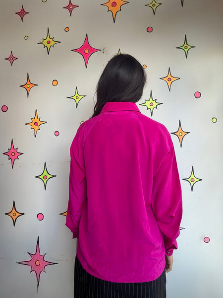 Vintage 80s Hot Pink Silk Blouse Bright Pink Glam Office Siren Top Maximalist M