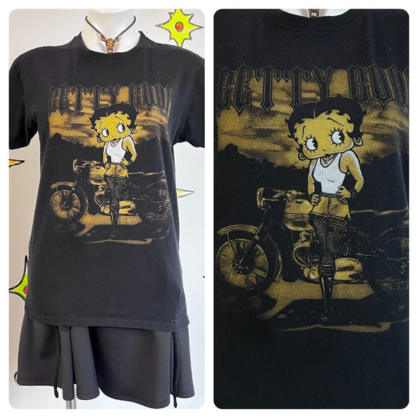 Betty Boop Black Motorcycle T-Shirt | Y2K Grunge Goth Glam Bad Girl Tee – M