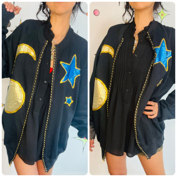 Vintage 80s Black Embellished Celestial Witchy Stars Moons Sweater L XL