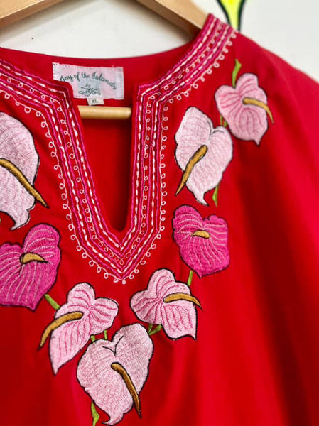 Vintage Cherry Red Boho Embroidered Cotton Blouse – Peasant Folk Top – Flowy XL