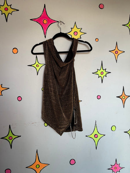 Metallic Gold Slinky Disco Dress Glam Cowl Neck Rhinestone Strap Party S/M