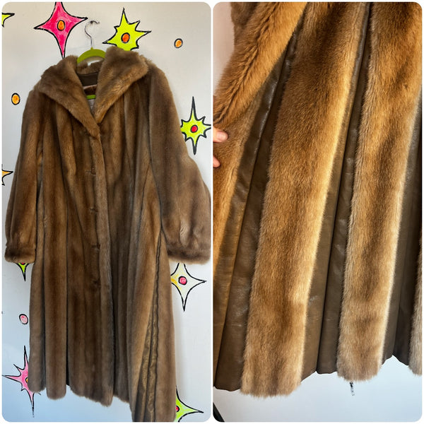 Vintage 60s 70s | Brown Faux Fur Coat Glam Pinup Long Mob Wife Coat