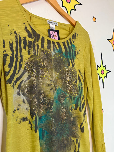 Y2K Chartreuse Zebra Print Tee | McBling Glam Animal Print Top Small