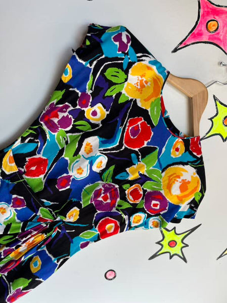 Vintage 80s Rainbow Abstract Art Wear Wrap Dress Boho Grunge w Shoulder Pads 5/6