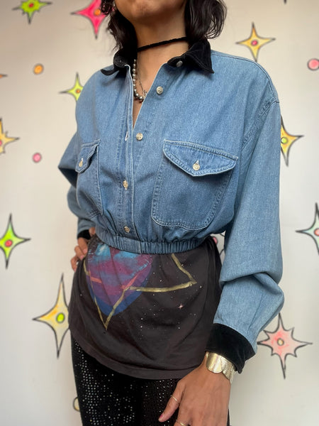 90s Grunge Denim Crop Top | Velvet Collar & Cuffs | Long Sleeve Button-Up (S)