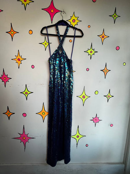 80s 90s Sparkling Blue Mermaid Gown Evening Dress Formal Prom Party Dress | ML