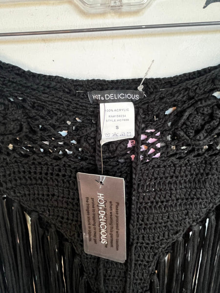 Black Crochet Fringe Shorts Y2K Festival Boho Rave Goth Maximalist Hot Pants S
