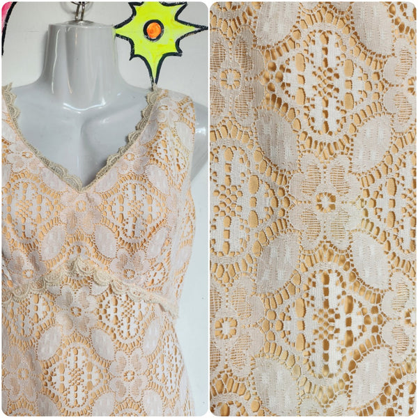 Vintage 1960s 70s | Peach and White Lace Maxi Dress | Small 6