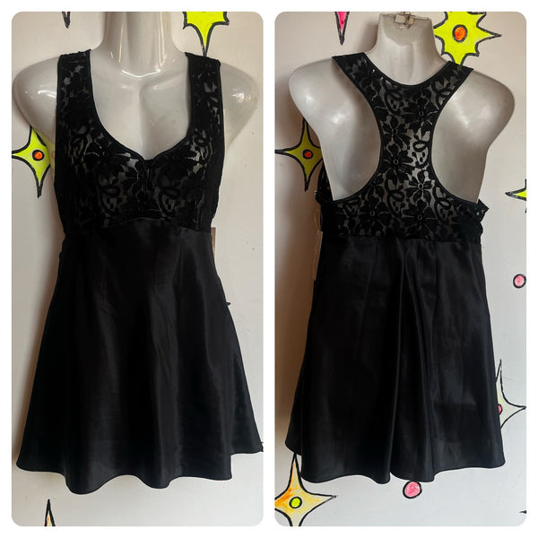 Vtg 90s Y2K Black Lace Lingerie Sheer Black Mini Dress Nighty Babydoll Slip M