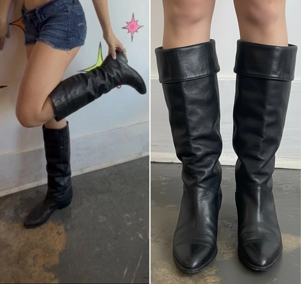 80s Black Slouch Boots Leather Riding Boots Dark Academia Romantic Goth 8