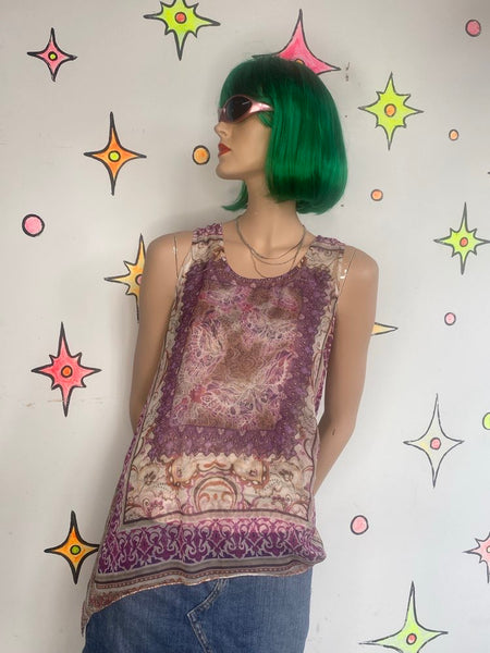 Y2K Abstract Tattoo Print Sheer Mesh Fairy Grunge Tank Top Crochet Back M