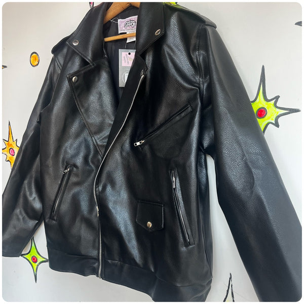 Grease T Birds | Black Faux Leather Jacket 50s Biker Rockabilly Greaser | Size M