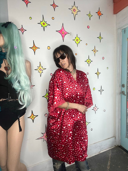 Vintage 90s Y2K Silky Red Hearts Satin Robe Fairy Grunge XL+