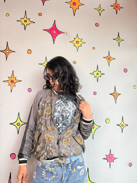 Embroidered Bomber Jacket Japanese Souvenir Jacket Y2K Glam Satin Sukajan S