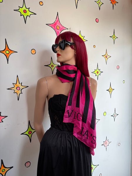 Vintage Y2K Victoria's Secret Hot Pink & Black Striped Silk Scarf Luxe Glam