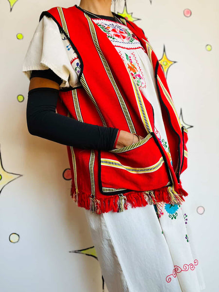 Vintage 60s 70s Boho Grunge Red Tapestry Fringe Vest Festival Hippie Western M/L