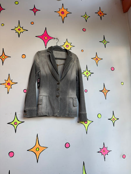 Guess Y2K Denim Blazer Distressed Charcoal Indie Sleaze Jacket S
