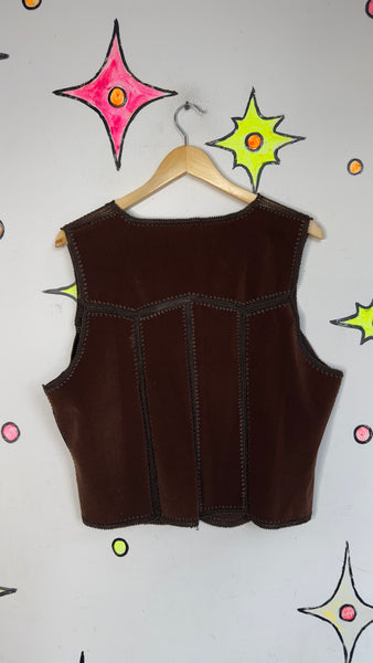 Vintage Brown Western Embroidered Vest | Crochet Panel Vegan Suede Boho Grunge L
