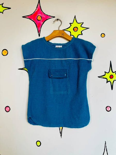 Vintage 70s 80s Blue Retro Ribbed Terrycloth Top – Soft Cozy Knit XS