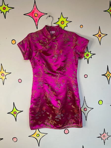 Vintage Hot Pink & Gold Satin Cheongsam Mini Dress | Geisha Kimono Style | M/L
