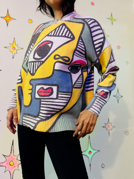 Wearable Art Picasso Cubist Abstract Art Avant-Garde Pullover Sweater - Large