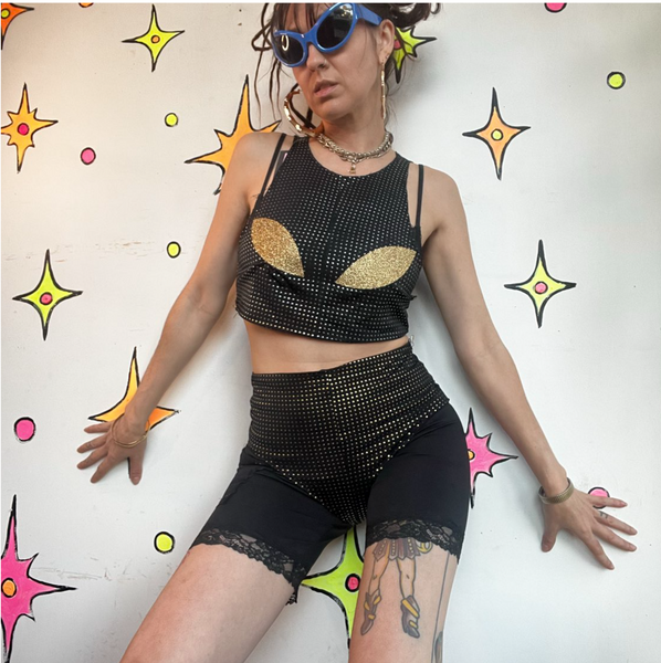 Y2K Handmade Alien Rave Set Metallic Crop Top Micro Shorts Cyber Goth Costume L