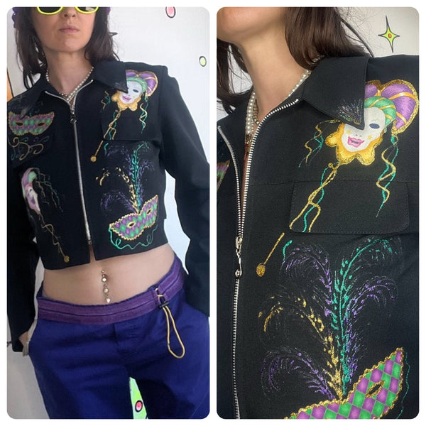 Vintage 80s90s Mardi Gras Cropped Blazer Wearable Art Avant Garde Party Jacket M
