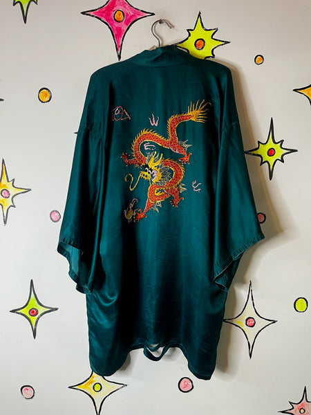 Vintage Teal Silk Embroidered Kimono Robe | Dragon Motif Grunge Lounge Wear | M