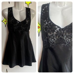 Vtg 90s Y2K Black Lace Lingerie Sheer Black Mini Dress Nighty Babydoll Slip M