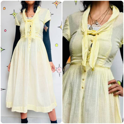 Vintage 1950s Pastel Yellow Fit & Flare Day Dress - Semi-Sheer - Size Small