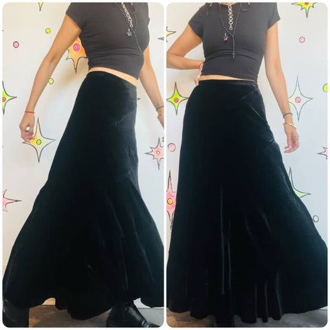 Vintage Y2K Black Velvet Maxi Skirt | Fairy Grunge Whimsy Goth | Size 4